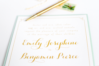 Grand Fete aqua gold patterned deco wedding invitations