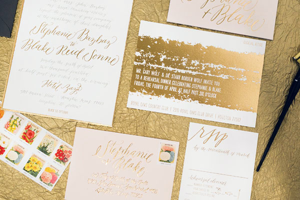 Painterly Gold Foil Wedding Invitations by Papellerie via Oh So Beautiful Paper
