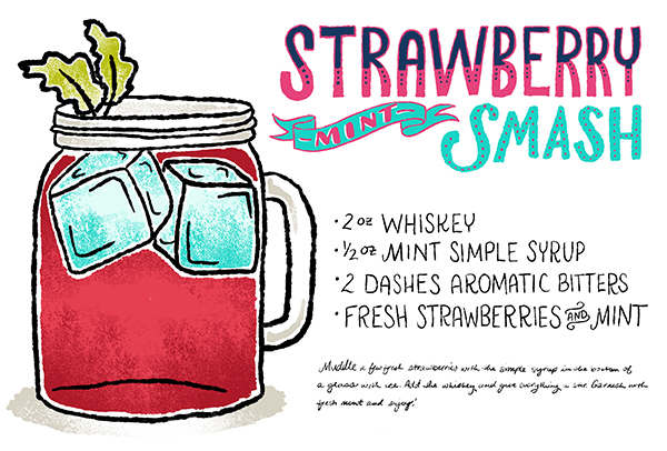 Strawberry Mint Smash Cocktail Recipe Card by Shauna Lynn Illustration for Oh So Beautiful Paper