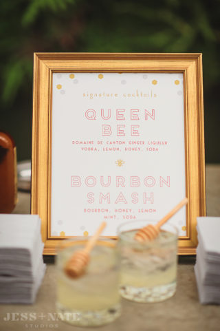 wedding signature cocktail sign gold coral bee bourbon