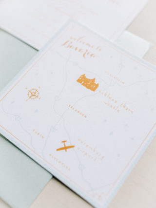 illustrated custom wedding map gold aqua neutral castle