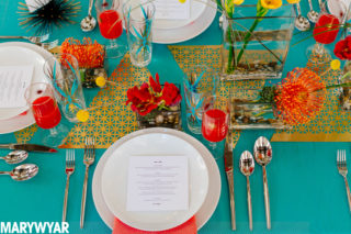 wedding menu modern bright placesetting gold teal blue