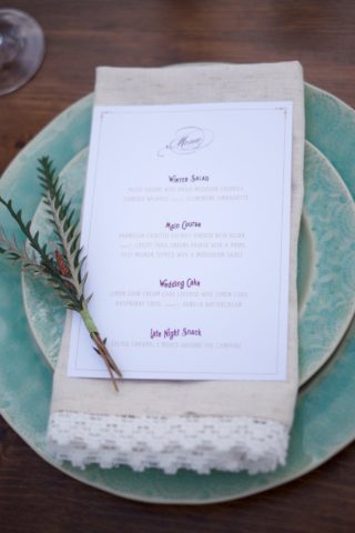 rustic wedding marsala menu place-setting aqua seafoam