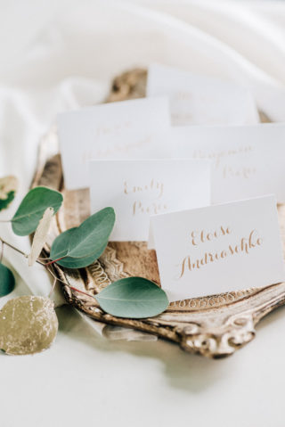 wedding place cards dusty neutral botanical script gold