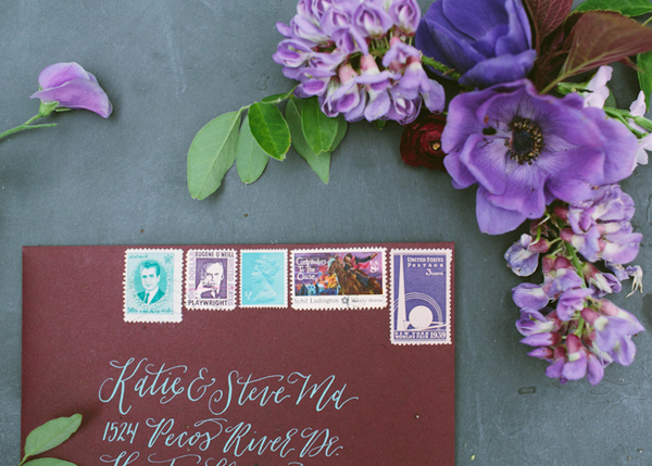 Envelope Inspiration: Calligraphy and Vintage Stamps / Calligraphy: The Weekend Type, Floral Styling: The Moss & Rose, Styling: To Be Wed / Oh So Beautiful Paper