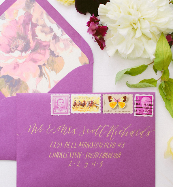 Envelope Inspiration: Calligraphy and Vintage Stamps / Calligraphy: The Weekend Type, Floral Styling: The Moss & Rose, Styling: To Be Wed / Oh So Beautiful Paper