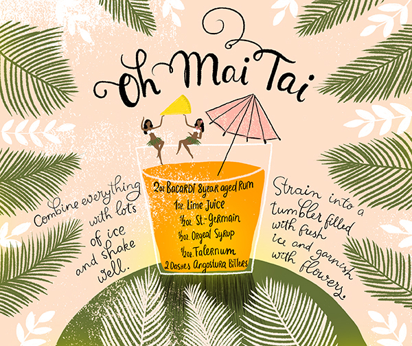 Mai Tai Cocktail Recipe Card Illustration by Dinara Mirtalipova for Oh So Beautiful Paper