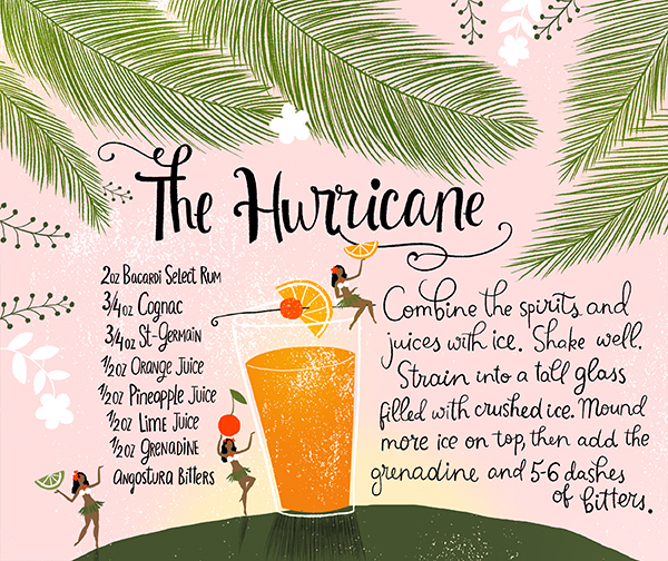 The Hurricane Cocktail Recipe Card Illustration by Dinara Mirtalipova for Oh So Beautiful Paper
