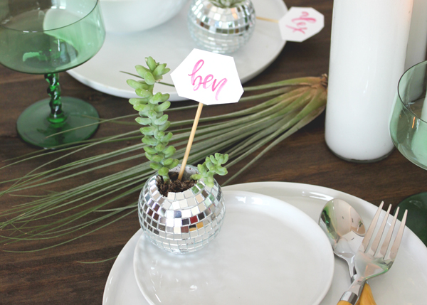 DIY Tutorial: Disco Ball Succulent Favor and Place Card by Lauren Saylor for Oh So Beautiful Paper