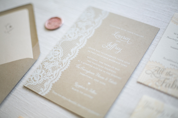 Wedding Invitation Ideas: Rustic Letterpress Lace and Kraft Paper Wedding Invitations by Ruby the Fox via Oh So Beautiful Paper