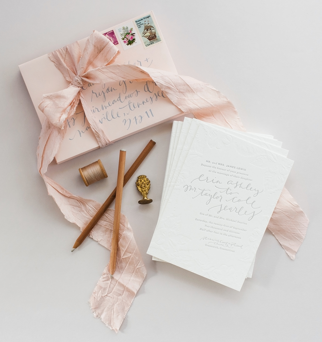Romantic Blush and Gray Wedding Invitations by Coral Pheasant