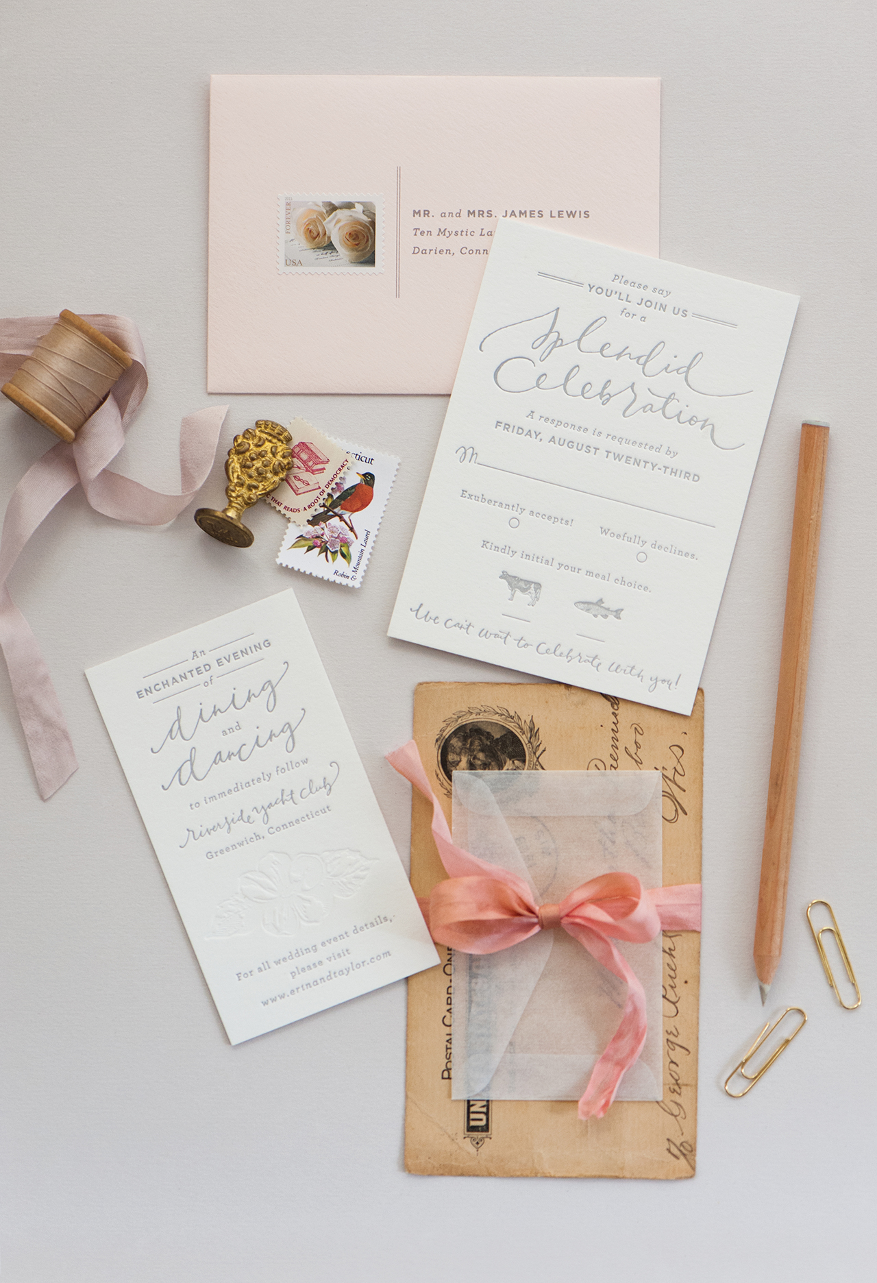 Romantic Blush and Gray Wedding Invitations by Coral Pheasant