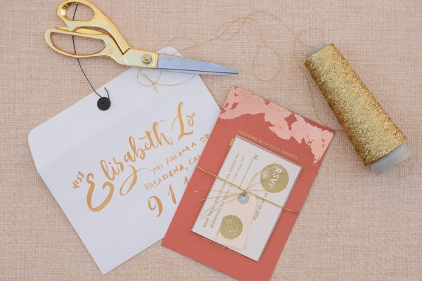 DIY Gold and Copper Gilded Wedding Invitations by Antiquaria via Oh So Beautiful Paper