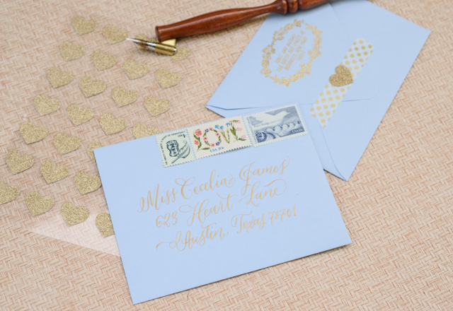 DIY Blue and Gold Wedding Save the Dates by Antiquaria for Oh So Beautiful Paper