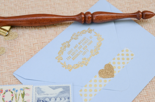 DIY Blue and Gold Wedding Save the Dates by Antiquaria for Oh So Beautiful Paper