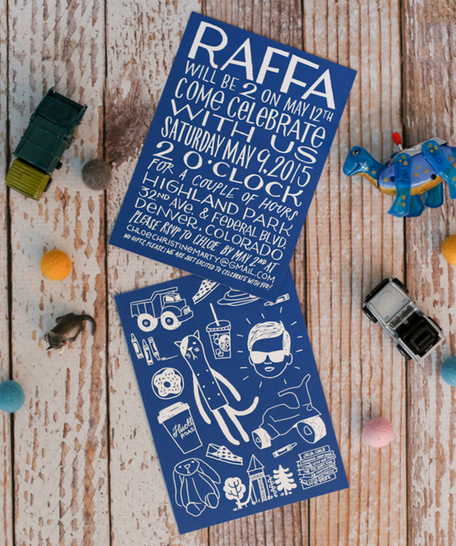 Raffa's Hand Lettered Birthday Party Invitations with Illustrations of Favorite Things by Shannon Snow and Chloe Marty / Oh So Beautiful Paper