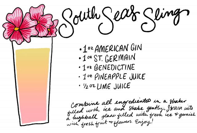 South Seas Sling Tiki Cocktail Recipe Card / Shauna Lynn Illustration / Recipe by Liquorary for Oh So Beautiful Paper