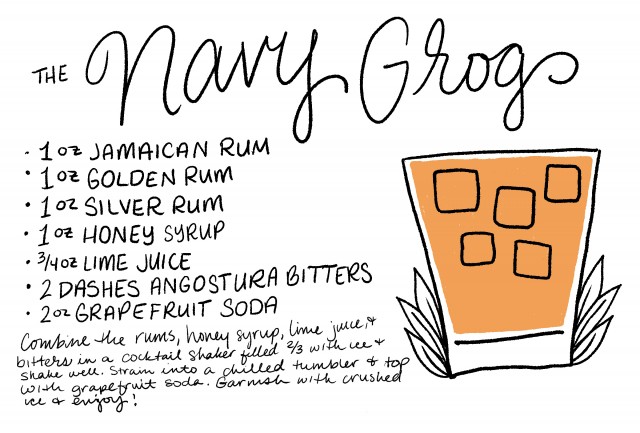 The Navy Grog Tiki Cocktail Recipe Card / Shauna Lynn Illustration / Recipe by Liquorary for Oh So Beautiful Paper