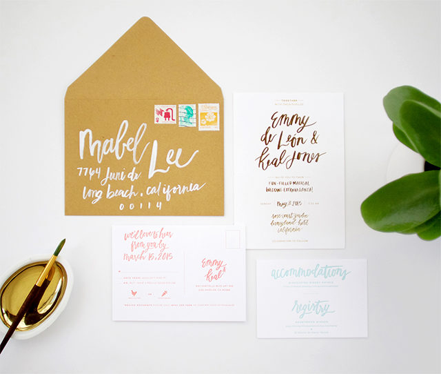 Colorful and Gold Foil Hand Lettered Wedding Invitations by Goodheart Design / Oh So Beautiful Paper
