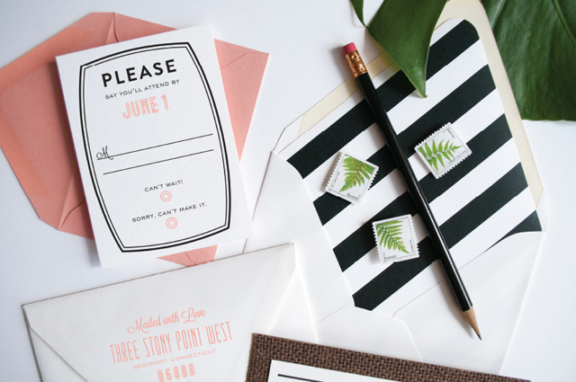 Coral Pheasant Grasscloth and Stripe Wedding Invitations / Oh So Beautiful Paper