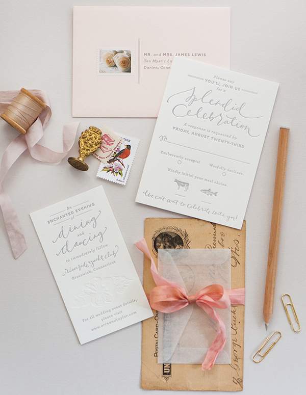 Elegant Blind Emboss Calligraphy Wedding Invitation by Coral Pheasant and Brown Linen Design