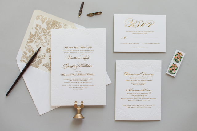 Gold Foil and Lace Wedding Invitations by Lauren Chism Fine Papers / Oh So Beautiful Paper