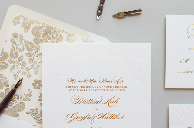 Gold Foil and Lace Wedding Invitations by Lauren Chism Fine Papers / Oh So Beautiful Paper