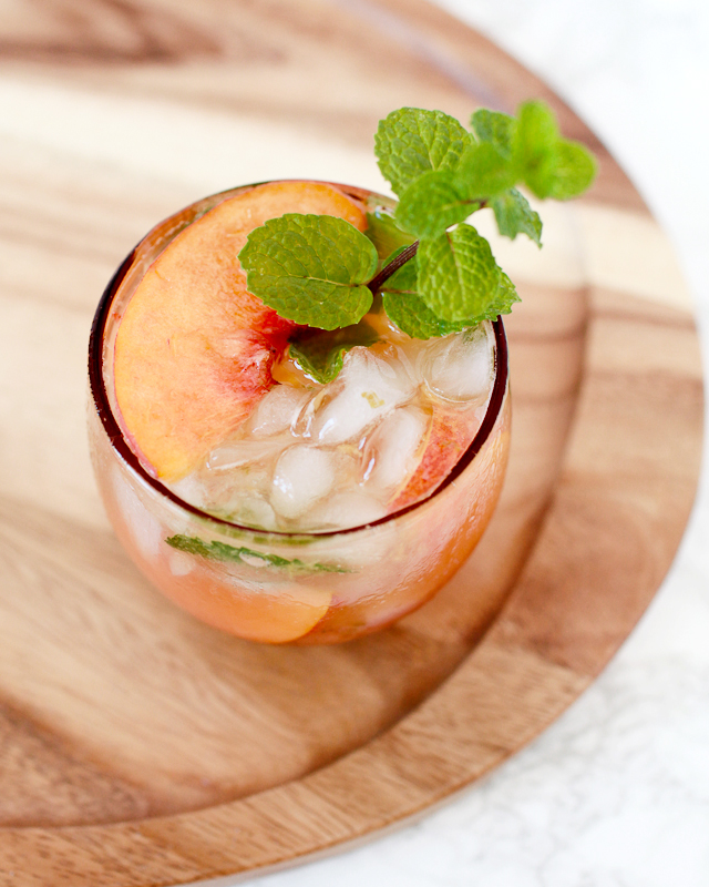 Basil-Mint Peach Bourbon Smash Cocktail Recipe / Liquorary for Oh So Beautiful Paper
