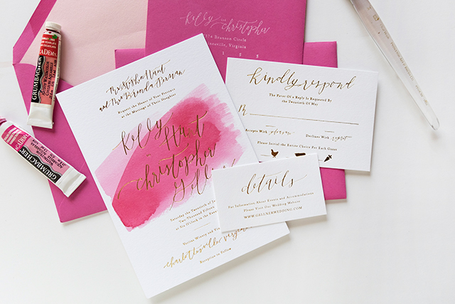 Fuchsia Watercolor and Gold Foil Wedding Invitations by Goodheart Design / Oh So Beautiful Paper