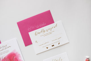 Fuchsia Watercolor and Gold Foil Wedding Invitations