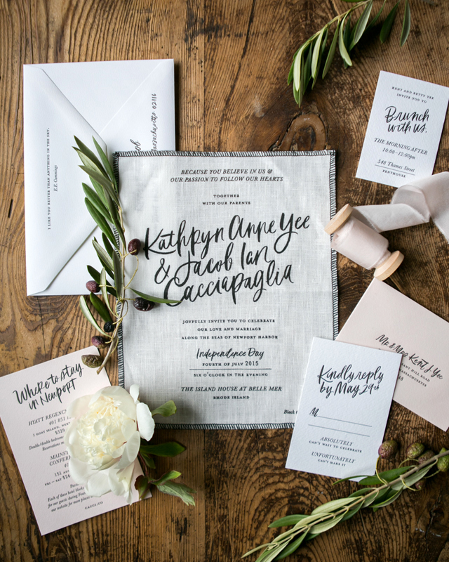 Modern Calligraphy Fabric Wedding Invitations by Bash Studio and Smudge Ink / Brush Lettering by Chelsea Petaja / Oh So Beautiful Paper