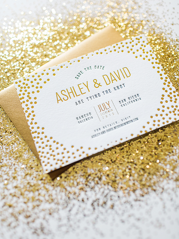 The Best Save the Dates of 2015: Gold Foil Confetti Save the Dates by Wide Eyes Paper Co. / Oh So Beautiful Paper