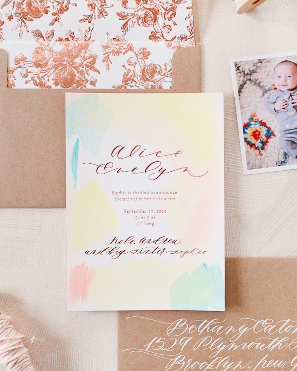 Hand Painted Rose Gold Foil Baby Announcements / Oh So Beautiful Paper