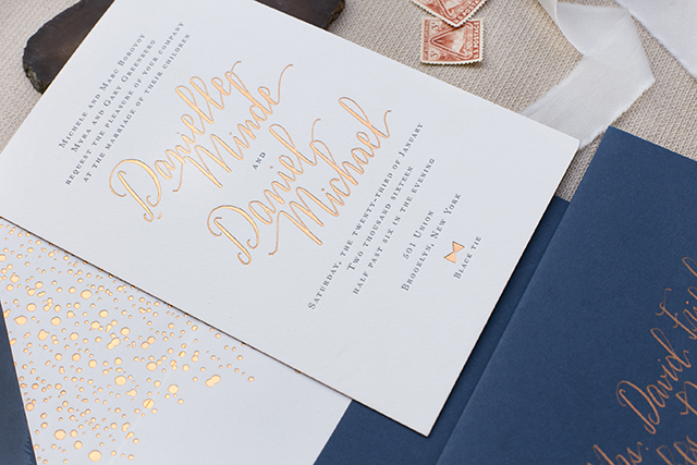 Copper Foil and Navy Calligraphy Wedding Invitations by Fourteen-Forty / Oh So Beautiful Paper