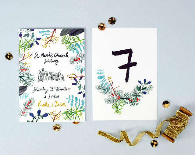 Hand Lettered & Illustrated Winter Foliage Wedding Invitations by Hollyhock Lane / Oh So Beautiful Paper