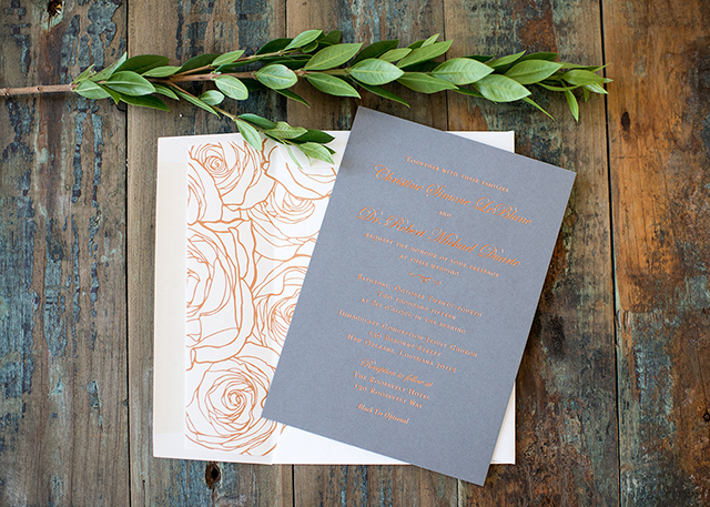 Modern Copper Foil and Gray Wedding Invitations by Harken Press / Oh So Beautiful Paper