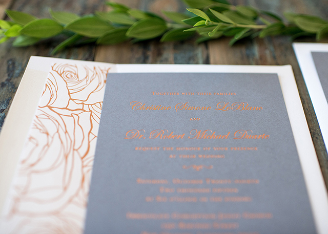 Modern Copper Foil and Gray Wedding Invitations by Harken Press / Oh So Beautiful Paper