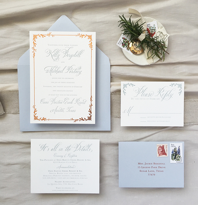 Dusty Blue Letterpress and Copper Foil Wedding Invitations by Charm and Fig / Oh So Beautiful Paper