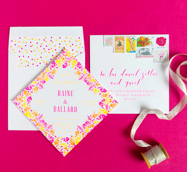 Modern Neon Pink and Yellow Save the Dates by Lavender and Mint / Oh So Beautiful Paper