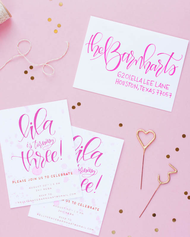 Pink Hand Lettered Birthday Party Invitations by Pour L'Amour Creative / Oh So Beautiful Paper