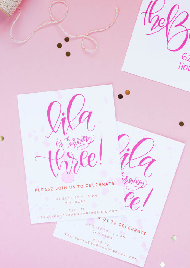 Pink Hand Lettered Birthday Party Invitations by Pour L'Amour Creative / Oh So Beautiful Paper