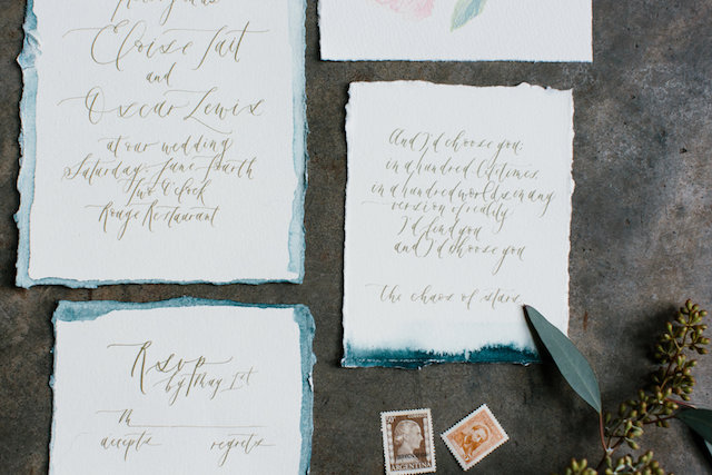 Romantic Calligraphy Dip Dyed Wedding Invitations Art + Alexander / Oh So Beautiful Paper
