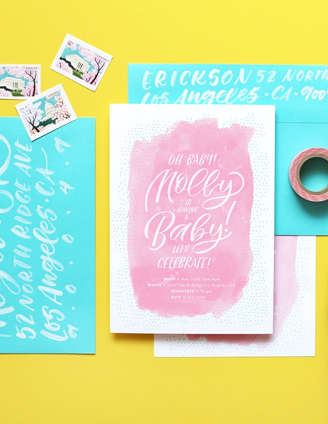 Brush Lettering Baby Shower Invitations by Molly Jacques for Juni / Oh So Beautiful Paper