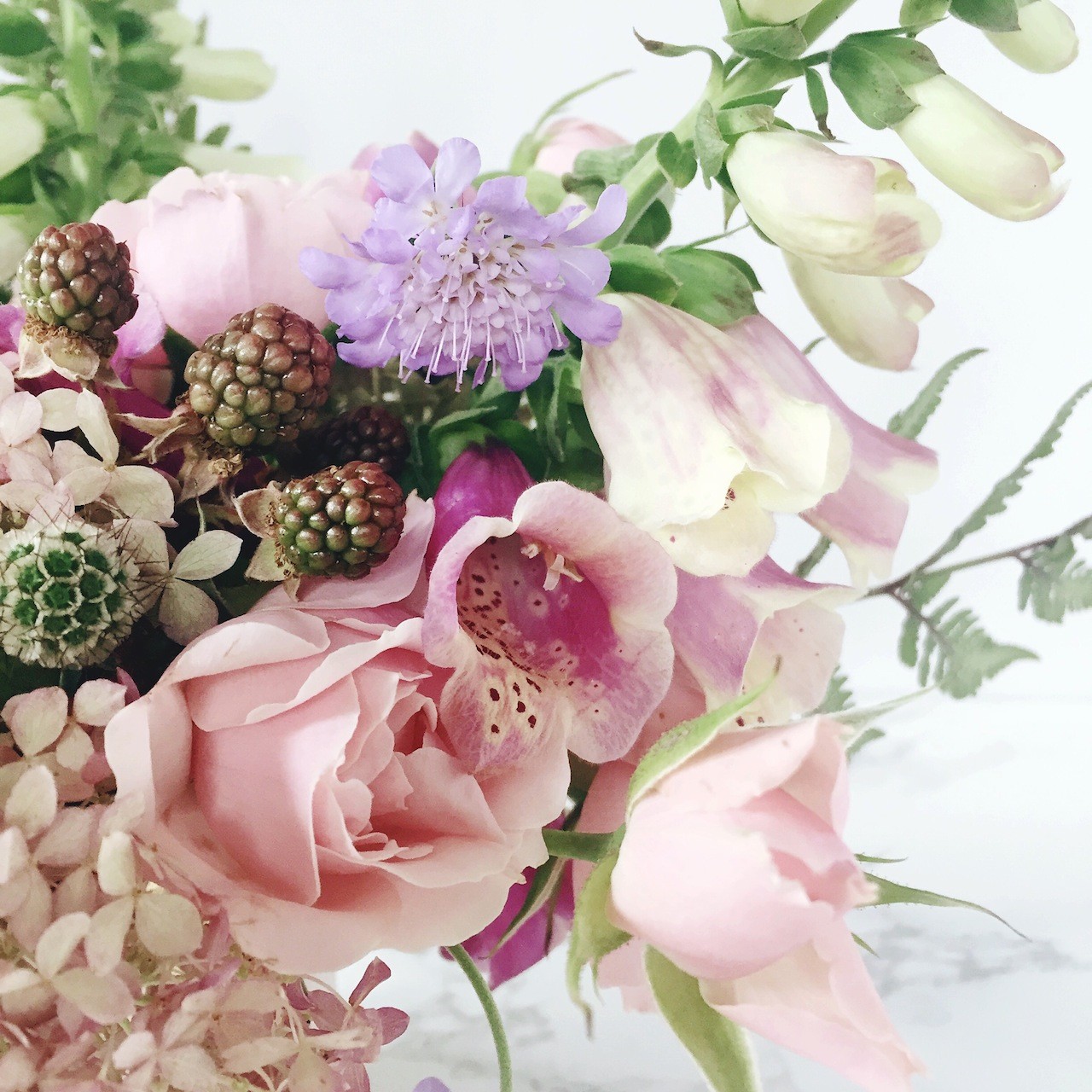Friday Flowers: Pink Spray Roses, Hydrangea, Scabiosa, Foxglove, Blackberries, Japanese Painted Fern / Oh So Beautiful Paper