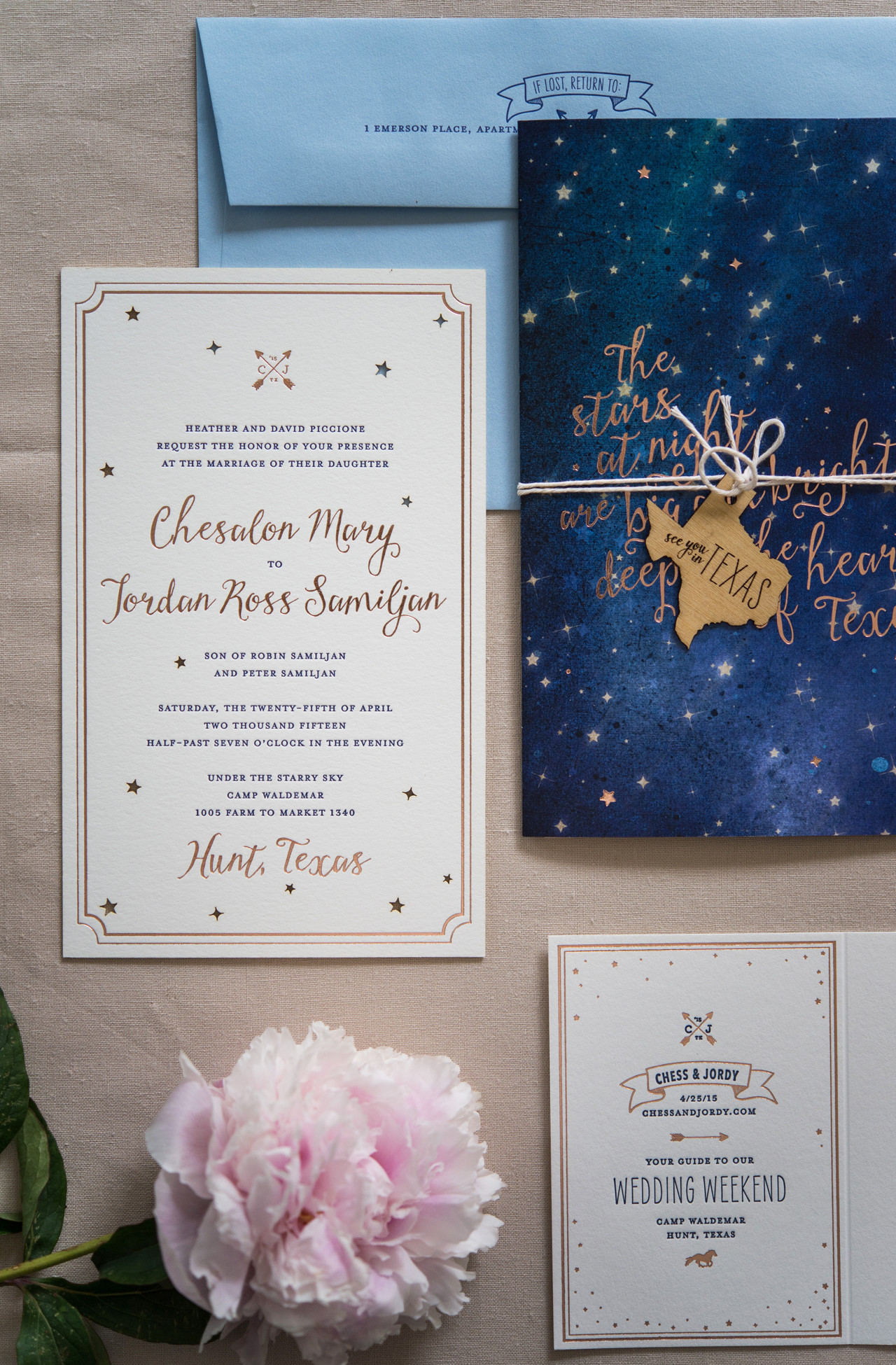 Rose Gold Foil Night Sky Wedding Invitations by Gus & Ruby Letterpress / Photo Credit: Brea McDonald Photography / Oh So Beautiful Paper