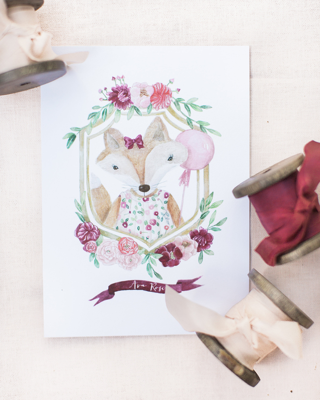 Illustrated Fox and Flower Birthday Party Invitations by Lana's Shop