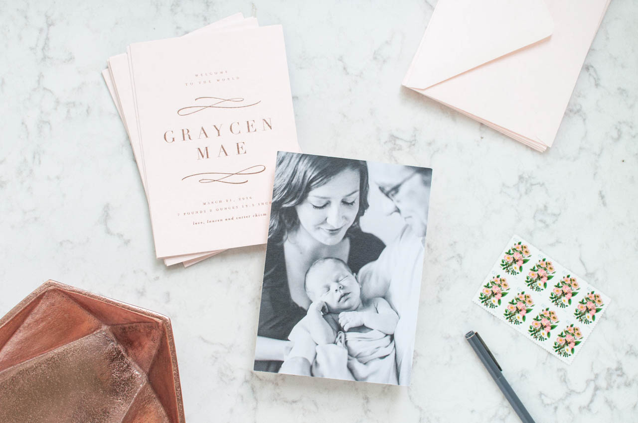 Classic Blush and Rose Gold Foil Baby Announcements by Lauren Chism Fine Papers