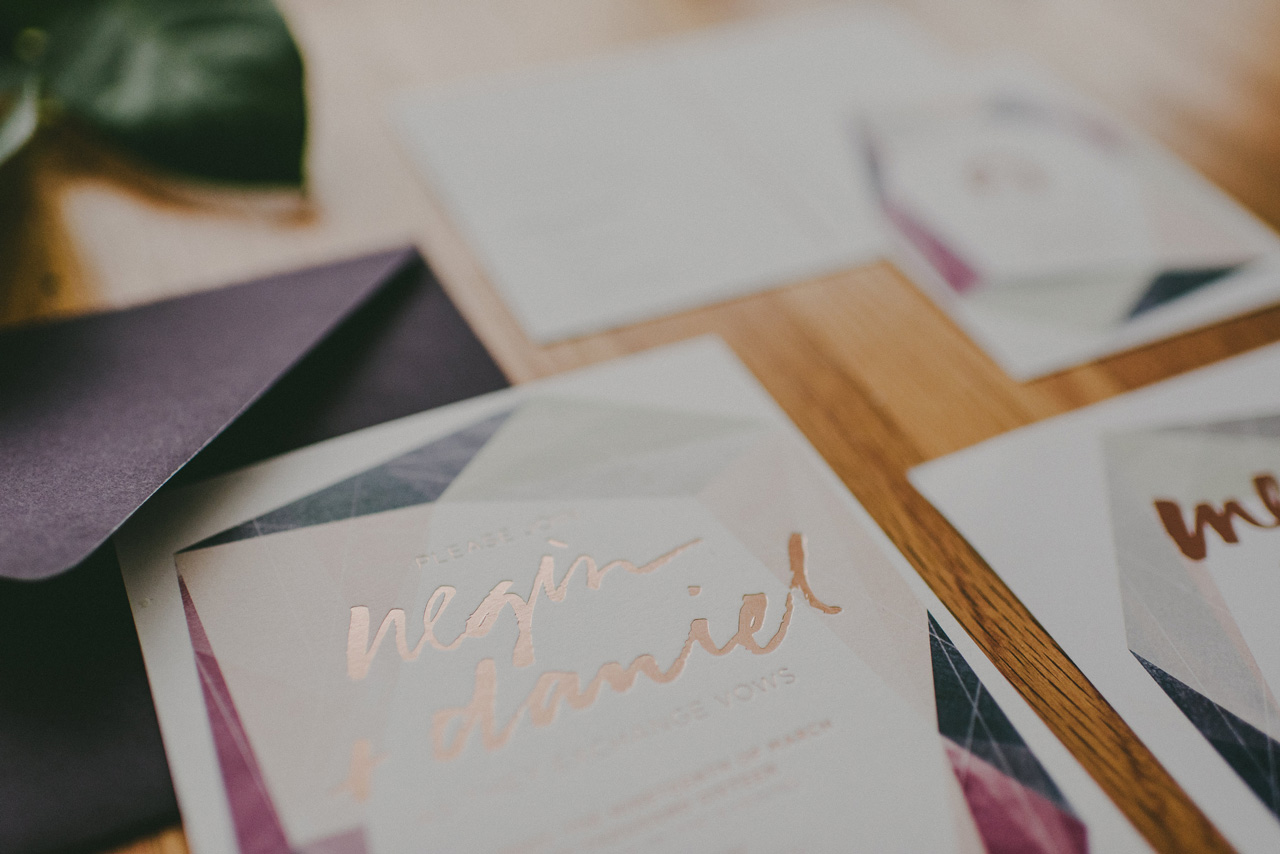 Modern Gemstone Copper Foil Wedding Invitations by And Here We Are
