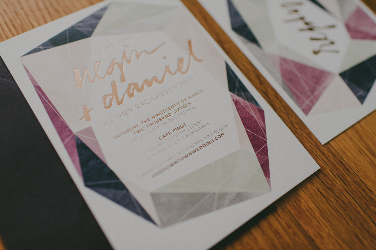 Modern Gemstone Copper Foil Wedding Invitations by And Here We Are