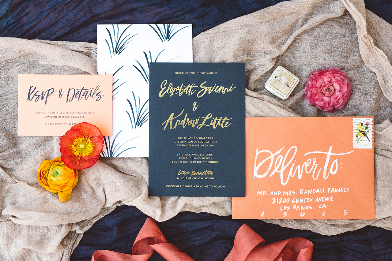 Brush Lettered Gold and Navy Wedding Invitations by Goodheart Designs